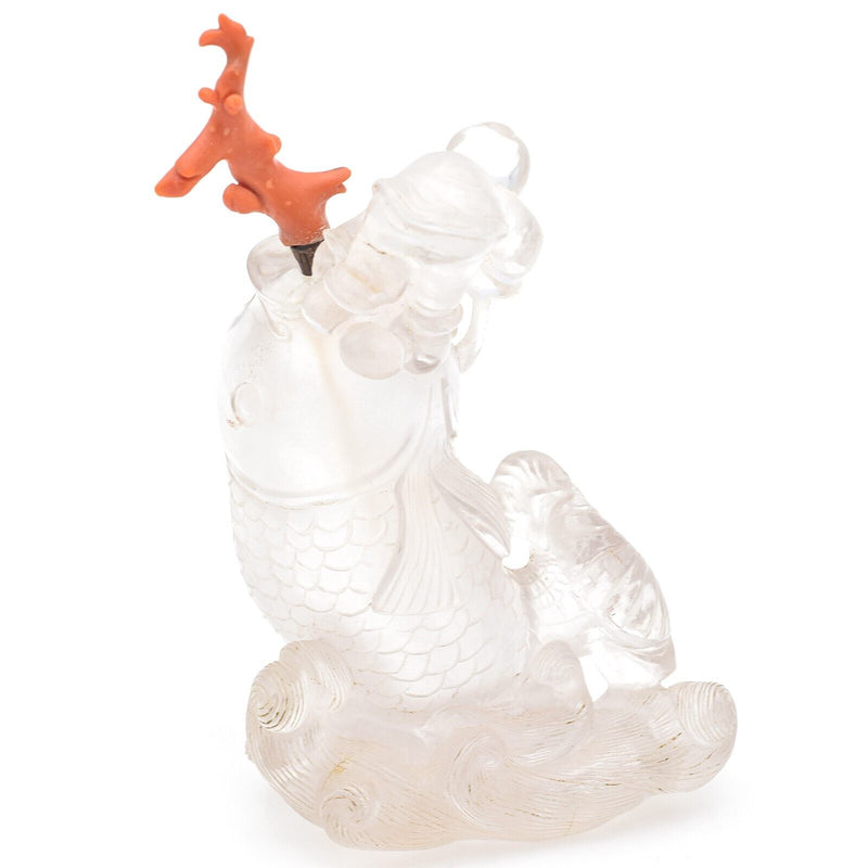Antique Chinese Clear Quartz & Red Coral Carved Koi Fish Snuff Bottle 282.6 Gr