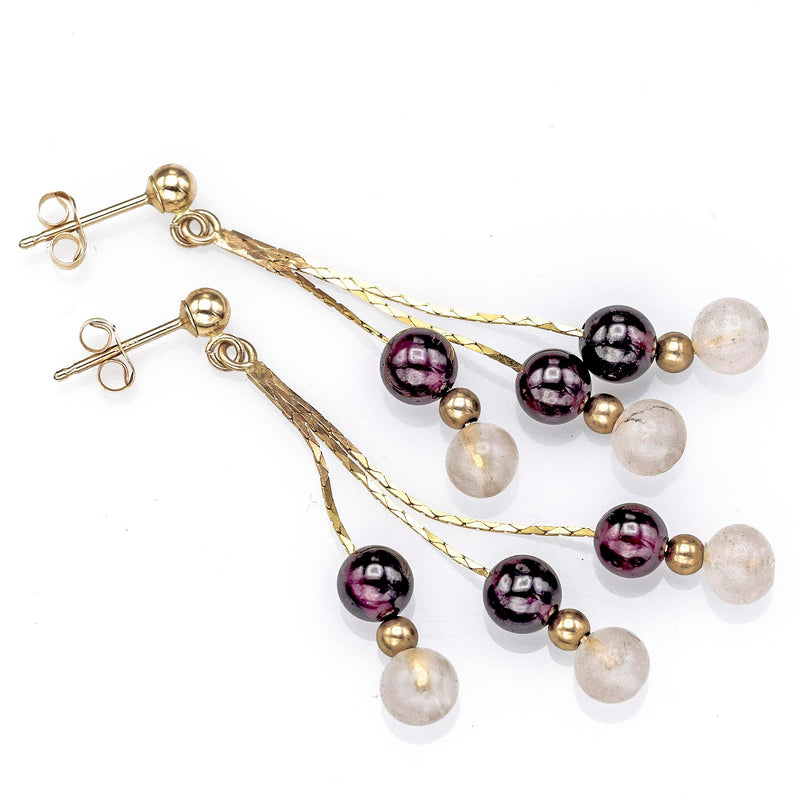 Vintage 14K Yellow Gold Garnet & Rose Quartz Beaded Multi-Strand Dangle Earrings