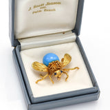 Vintage 18K Gold Sleeping Beauty Turquoise & Sapphire Bee Brooch Pin