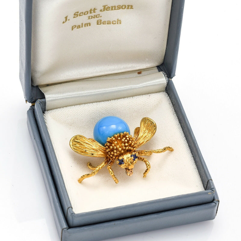 Vintage 18K Gold Sleeping Beauty Turquoise & Sapphire Bee Brooch Pin