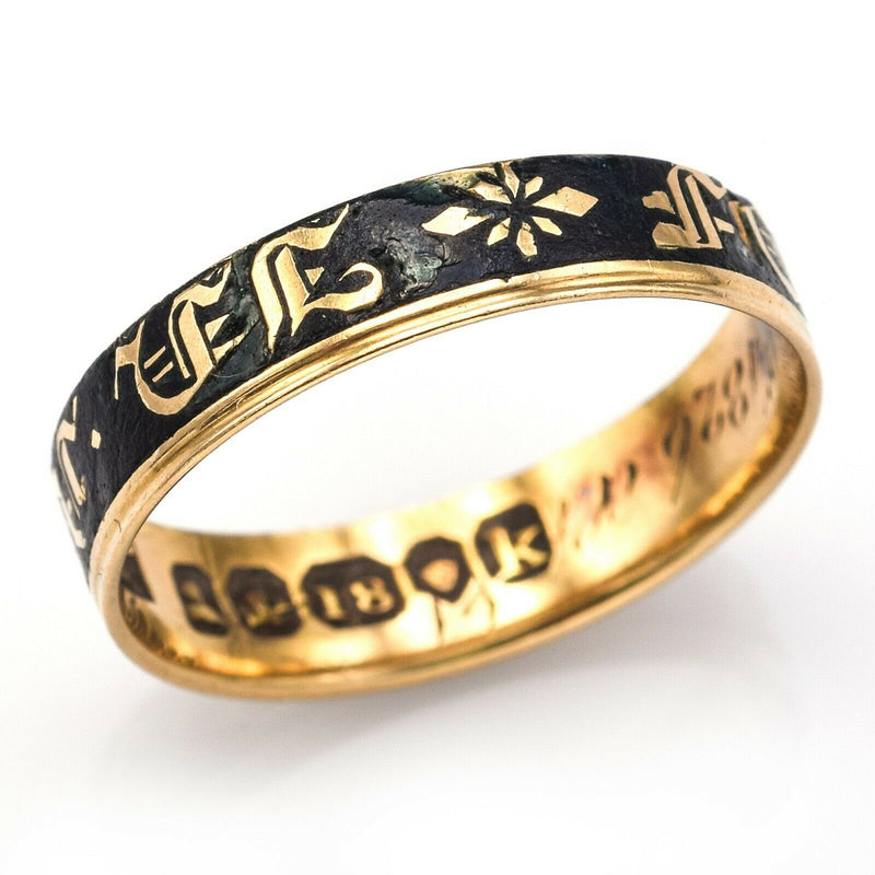 Antique Georgian 18K Yellow Gold Enamel Mourning Band Ring