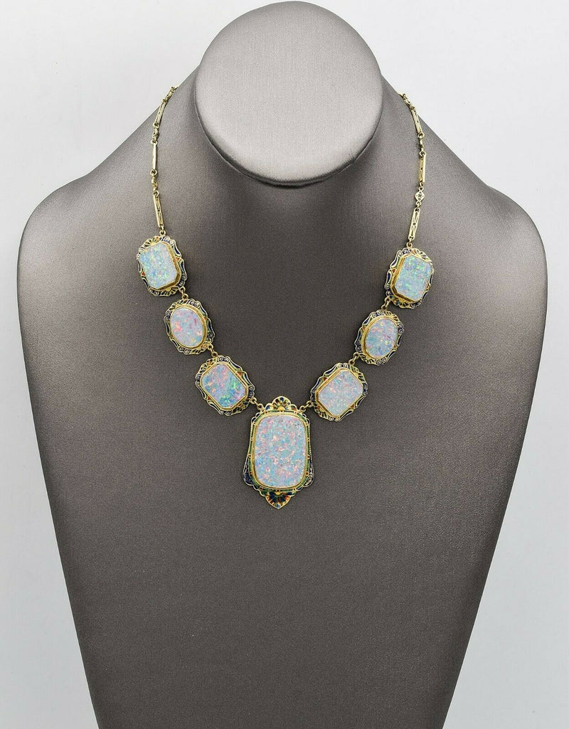 Antique 14K Yellow Gold Victorian Enamel Opal Necklace