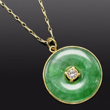 Vintage 18K Gold Green Jade & Diamond Round Disc Pendant &14K Necklace 9.5 Grams
