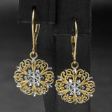 Vintage 14K Yellow & White Gold Snowflake Filigree Dangle Lever-Back Earrings