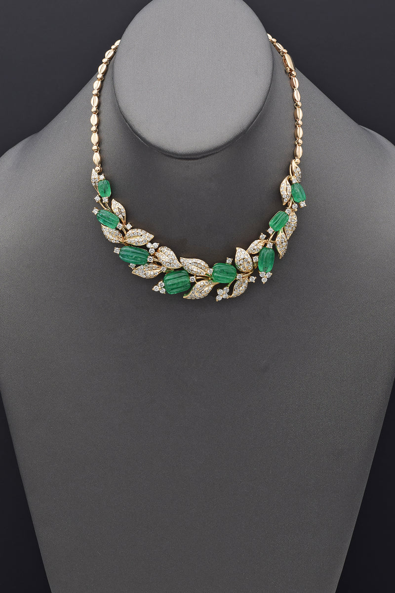 Vintage 18K Yellow Gold Emerald & 6.42 TCW Diamond Bib Necklace