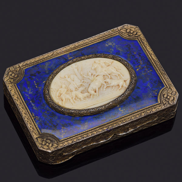 Antique Sterling Silver & Gilt Lapis Inlay Etched Trinket Case Box