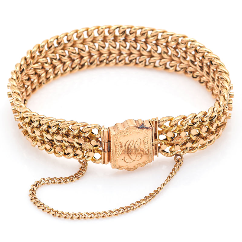 Antique Victorian 14K Gold Three-Row Cuban Link Wide Chain Bracelet 30.7 Grams