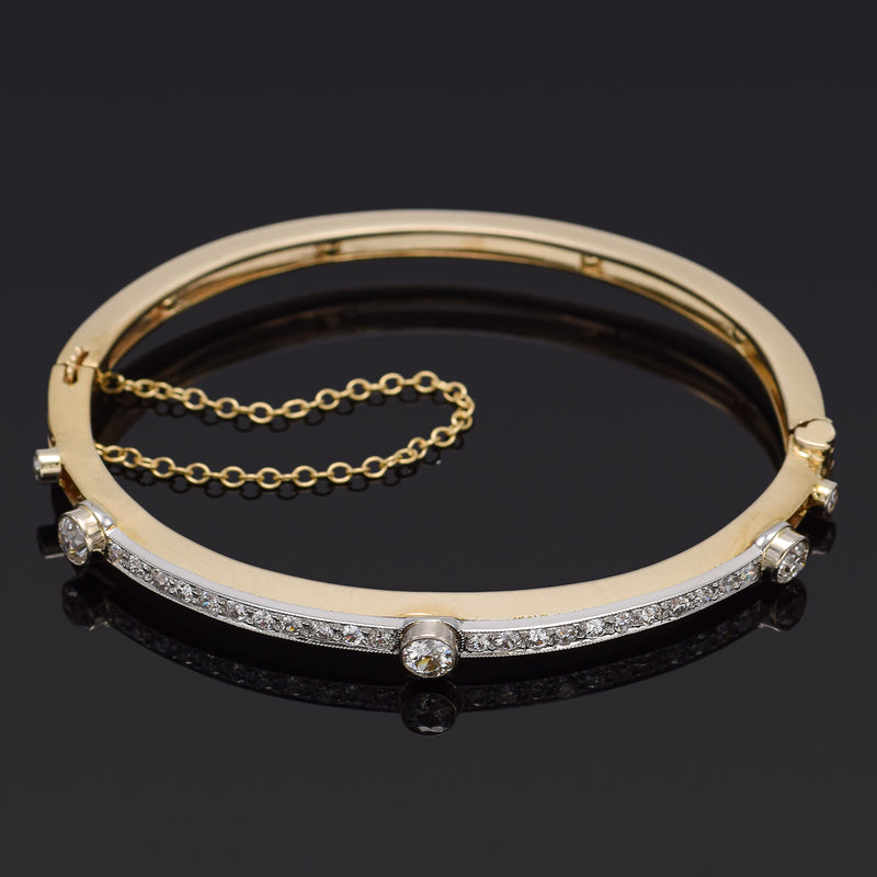 Antique 14K Yellow Gold & Platinum 1.23 TCW Diamond Hinged Bangle Bracelet 9.3G