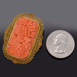 Antique 18K Yellow Gold Red Coral Cameo Brooch Pin