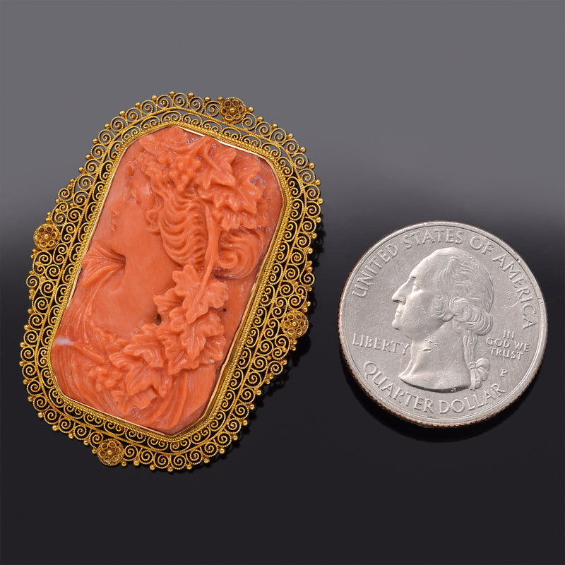 Antique 18K Yellow Gold Red Coral Cameo Brooch Pin