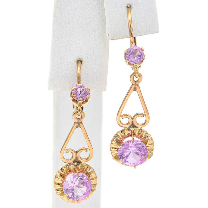 Vintage 14K Yellow Gold Pink Sapphire Dangle Leverback Earrings