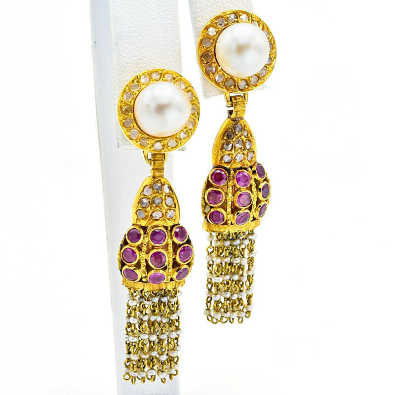 Antique 14K Yellow Gold Sea Pearl 1.26 TCW Ruby & Mine Cut Diamond Dangle Earrings