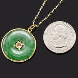Vintage 18K Gold Green Jade & Diamond Round Disc Pendant &14K Necklace 9.5 Grams