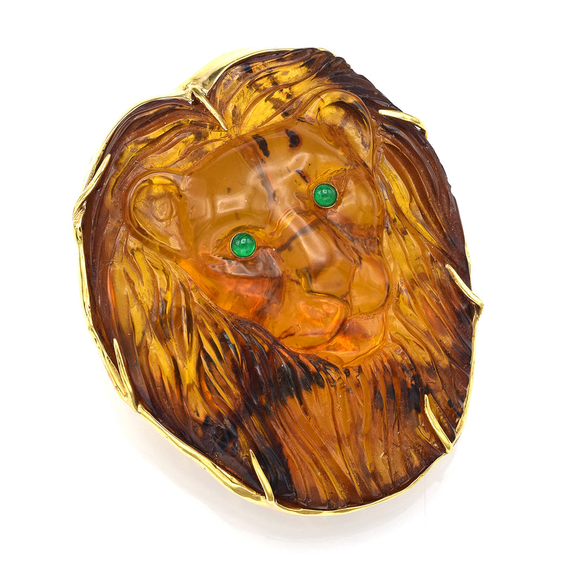 Vintage 18K Yellow Gold Amber & Emerald Large Hand Made Carved Lion Brooch Pin