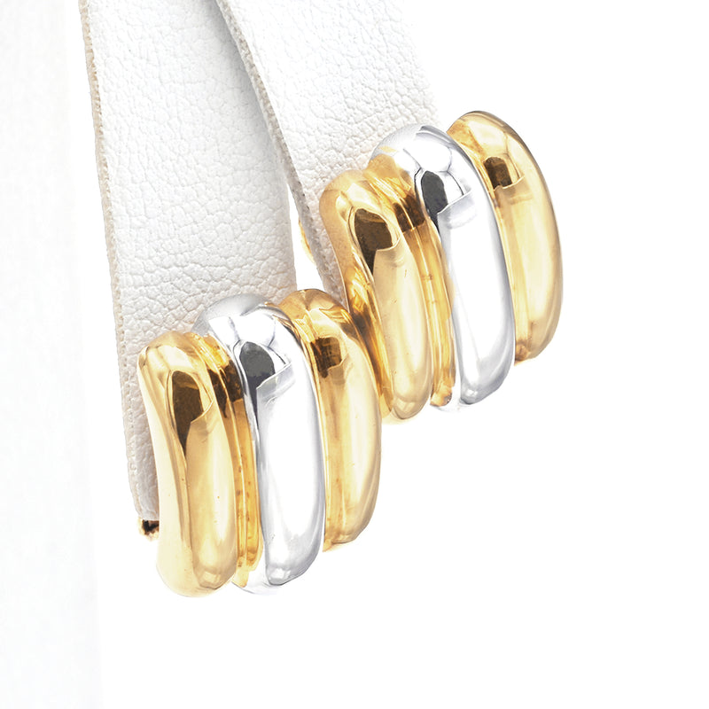 Vintage Italian 18K Yellow & White Gold Ribbed Omega Back Drop Earrings