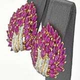 Vintage 14K Gold Non-Treated Ruby & Diamond Cluster Omega Back Earrings
