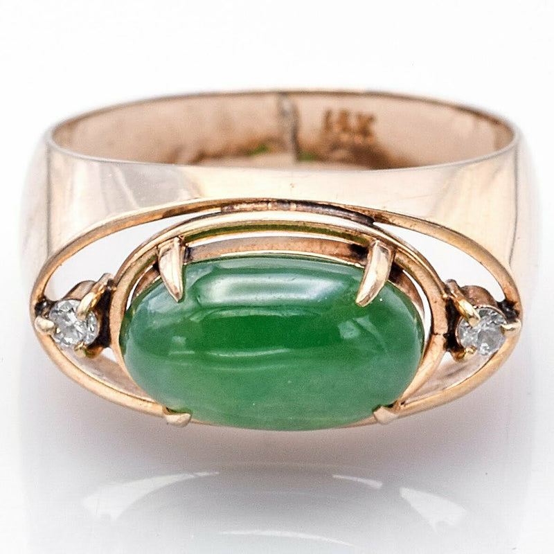 Vintage 14K Yellow Gold 2.61 Ct Green Jade & Diamond Band Ring