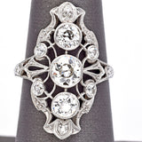 Antique Platinum Old Euro Cut Diamond Art Deco Cocktail Ring