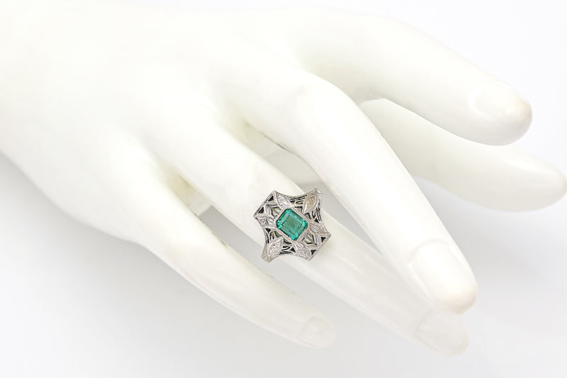 Antique 14K White Gold Emerald Art Deco Cocktail Ring Size 4