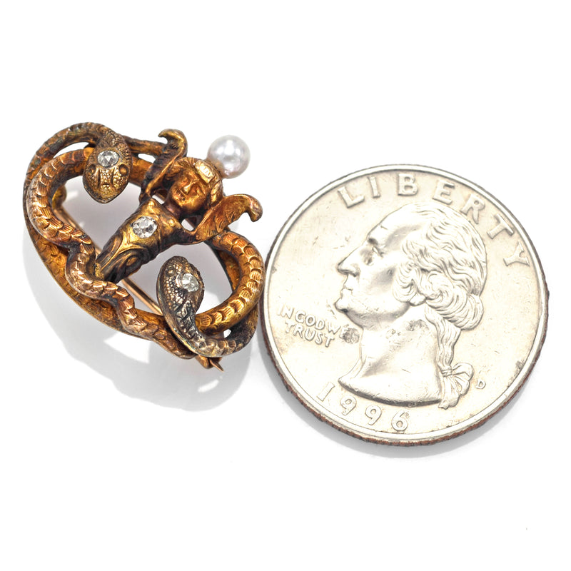 Antique 14K Yellow Gold Diamond & Pearl Angel Snake Brooch Pin