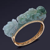 Vintage 18K Gold Green Jade & Diamond Carved Dragon & Foo Dog Bangle Bracelet