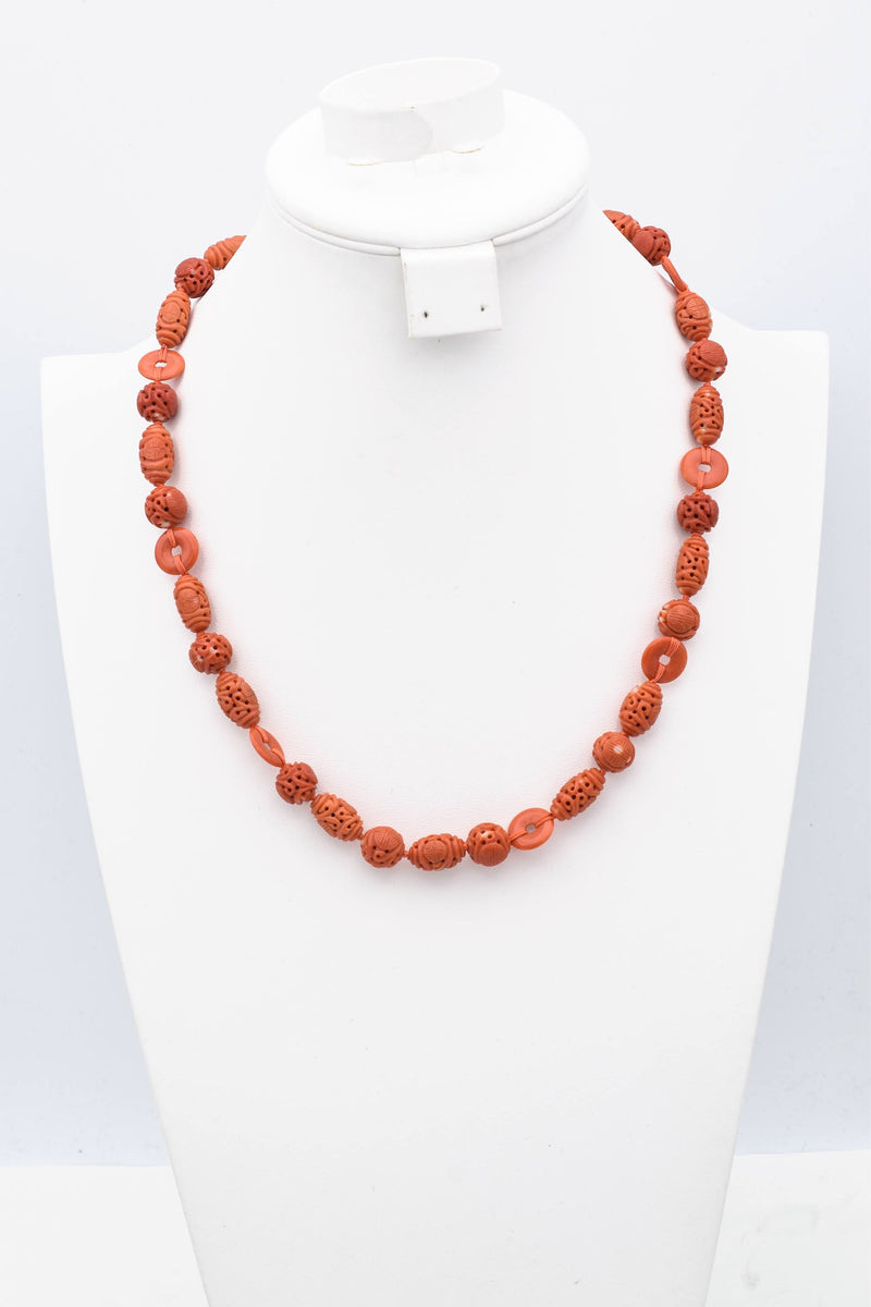 King Fook 14K Yellow Gold Carved Red Coral & Sea Pearl Beaded Strand Necklace