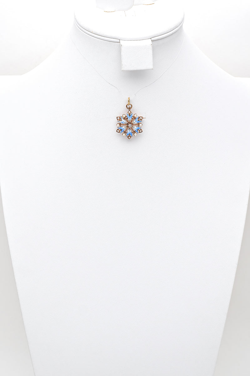 Vintage 14K Yellow Gold Diamond & Sea Pearl Enamel Snowflake Brooch Pin Pendant