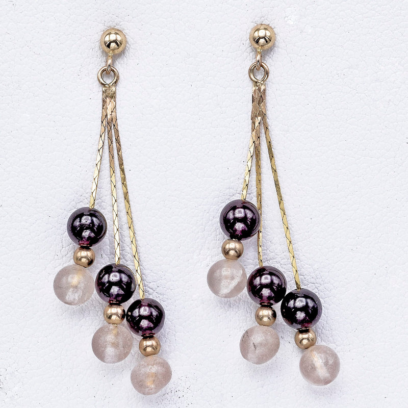 Vintage 14K Yellow Gold Garnet & Rose Quartz Beaded Multi-Strand Dangle Earrings