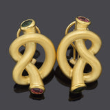 Vintage 1994 Angela Cummings 18K Gold Green & Pink Tourmaline Clip On Earrings
