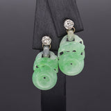 Antique 14K Gold Carved Green Jade & 0.50 TCW Old Mine Cut Diamond Earrings +Box