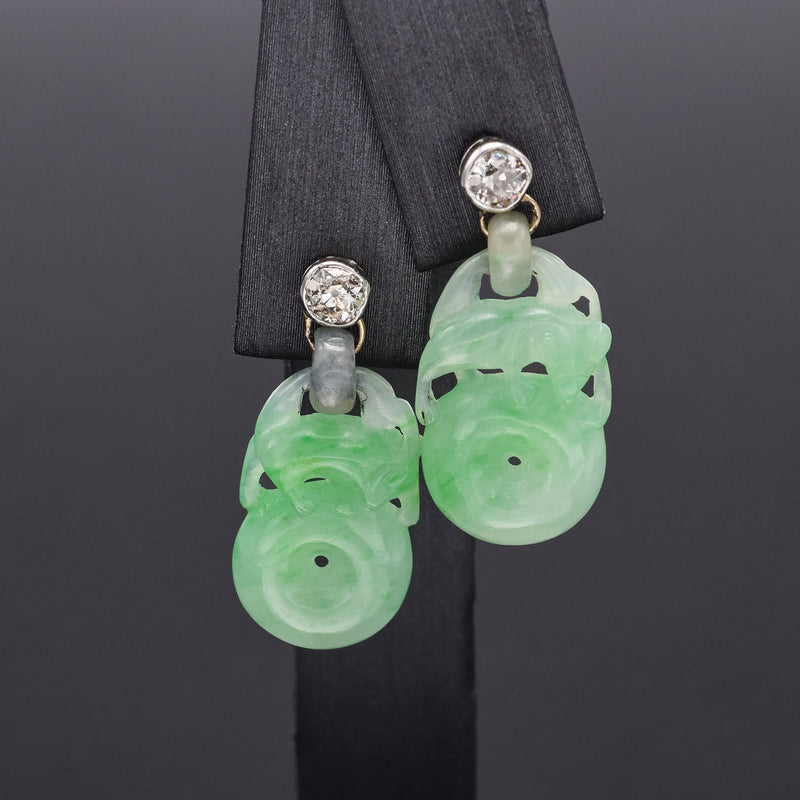 Antique 14K Gold Carved Green Jade & 0.50 TCW Old Mine Cut Diamond Earrings +Box