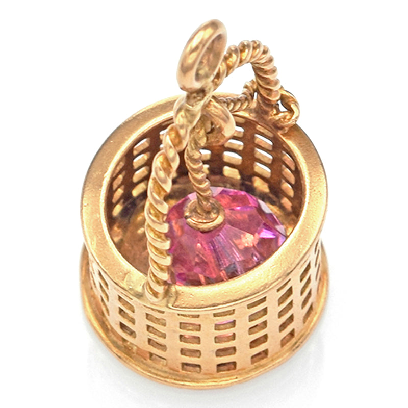 Vintage 14K Yellow Gold Pink Crystal Bucket Charm Pendant