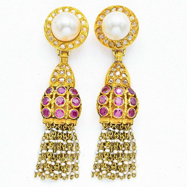 Antique 14K Yellow Gold Sea Pearl 1.26 TCW Ruby & Mine Cut Diamond Dangle Earrings