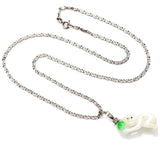 Antique Sterling Silver Green Jade Carved Monkey with Peach Pendant Necklace