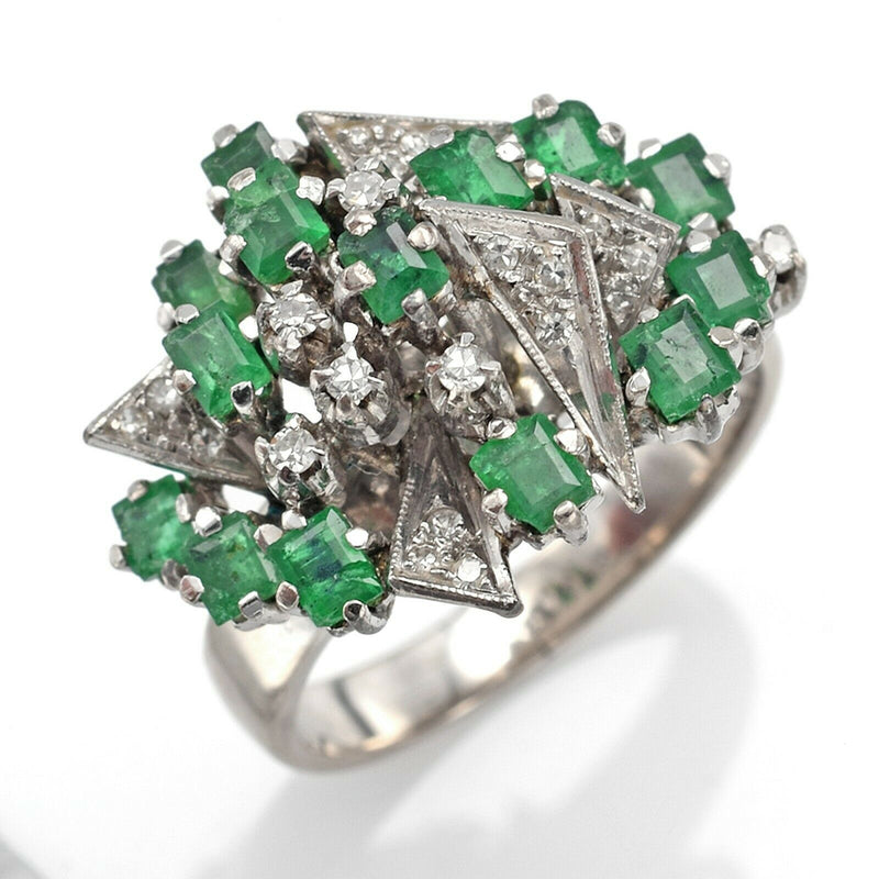 Vintage 8K White Gold Emerald & Diamond Geometric Cluster Band Ring