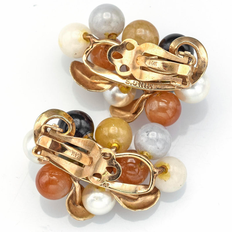 Ming's 14K Gold Multi-Color Jade & Sea Pearl Cluster Leaf Clip On Earrings