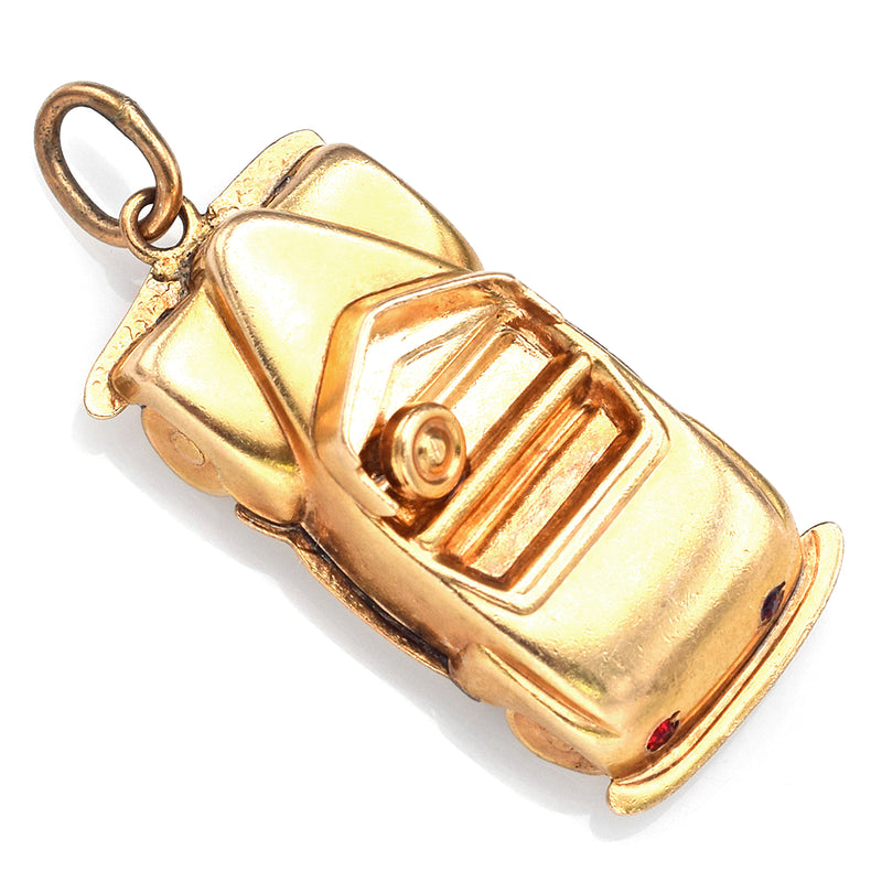 Vintage 14K Yellow Gold CZ Convertible Car Charm Pendant with Moving Wheels