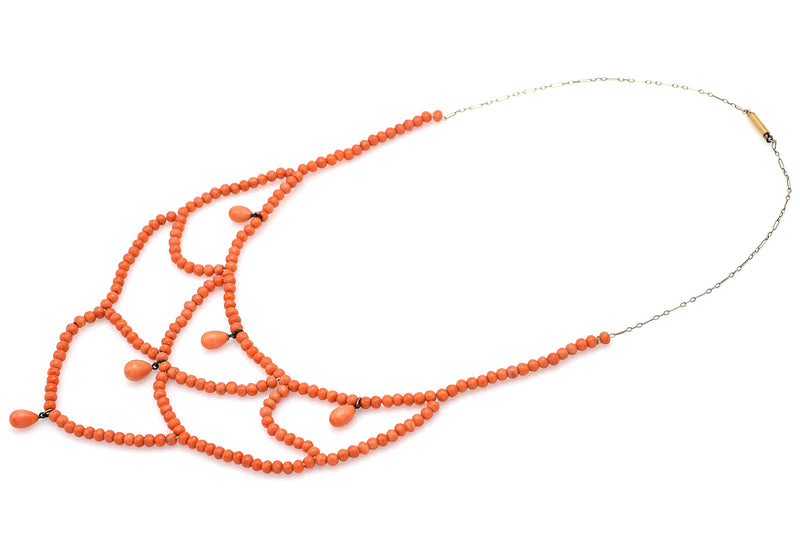 Antique 14K Yellow Gold Salmon Red Coral Beaded Strand Bib Necklace 18 Inches