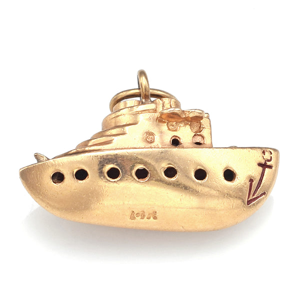 Vintage 14K Yellow Gold Red Enamel Bon Voyage Ship Charm Pendant