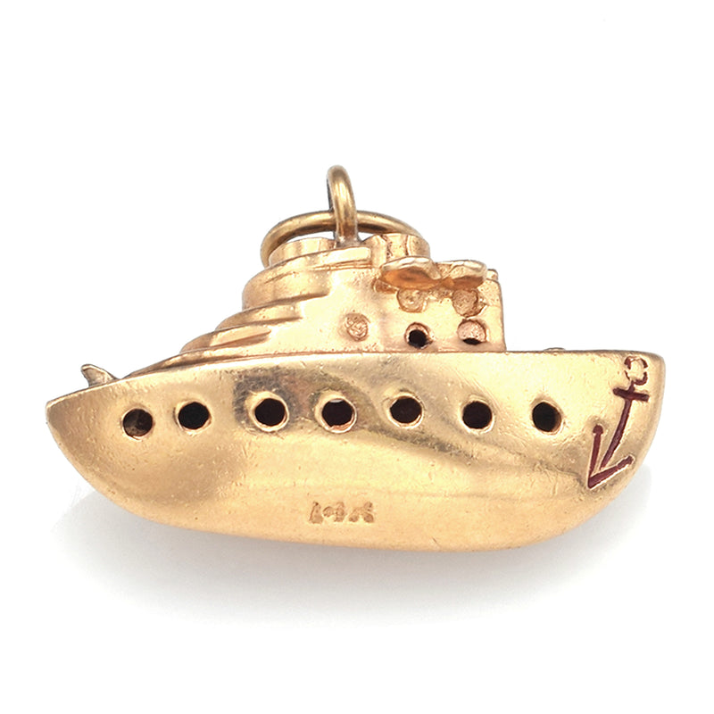 Vintage 14K Yellow Gold Red Enamel Bon Voyage Ship Charm Pendant