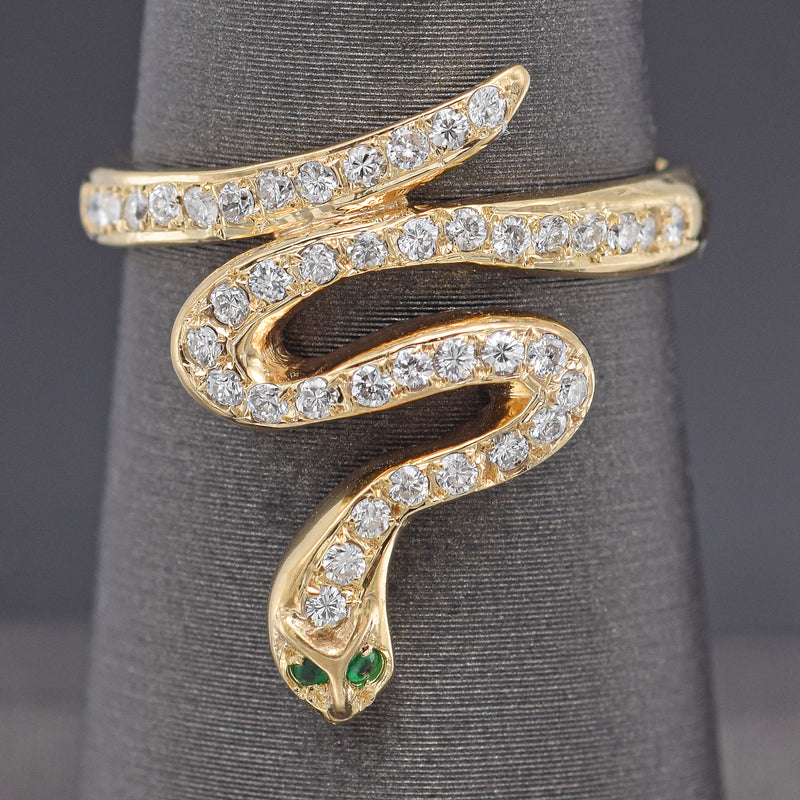 Vintage 14K Yellow Gold 0.42 TCW Diamond & Emerald Snake Band Ring
