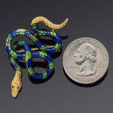 Vintage 18K Yellow Gold Ruby Green & Blue Enamel Snake Brooch Pin