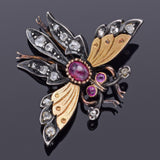Antique 14K Gold & Sterling Silver Ruby & Rose Cut Diamond Butterfly Pendant