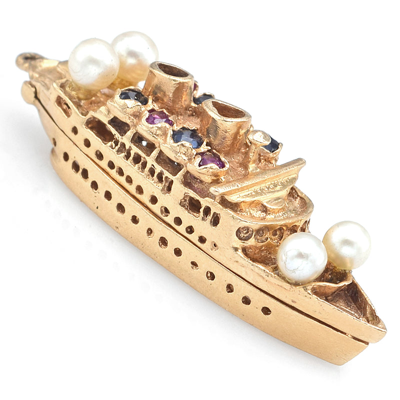 Vintage 14K Gold Ruby Sapphire & Pearl Bon Voyage Cruise Ship Charm Pendant