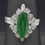 Vintage 18K White Gold Imperial Green Jade & Diamond Cocktail Ring