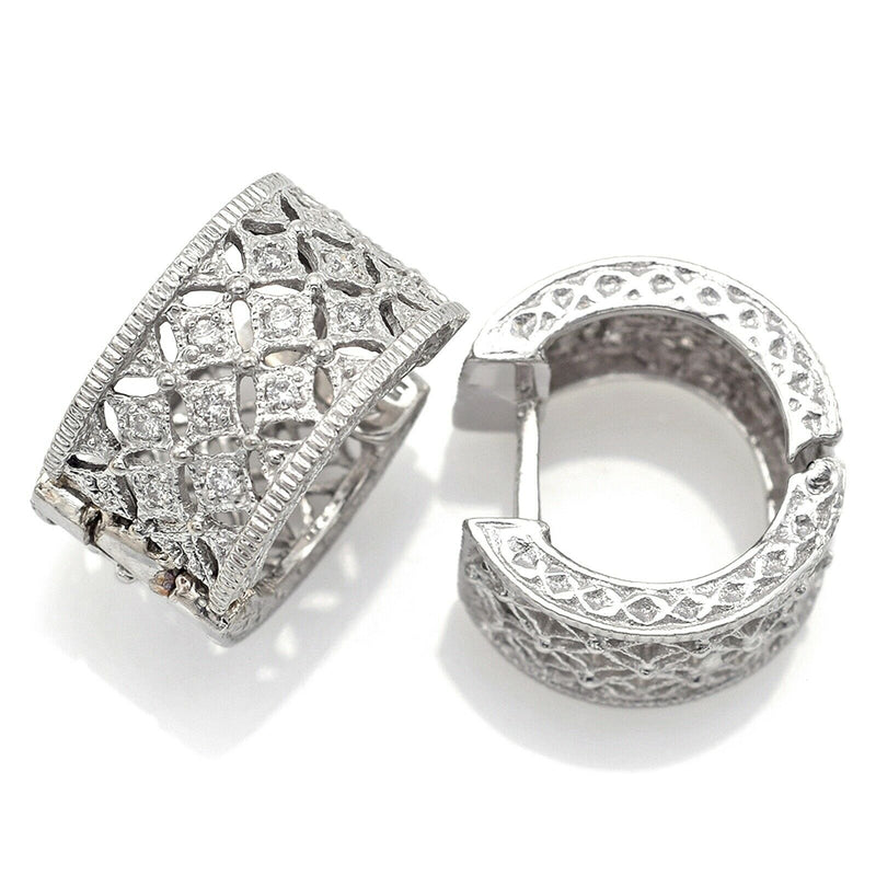 Vintage 14K White Gold Diamond Filigree Hoop Huggie Earrings
