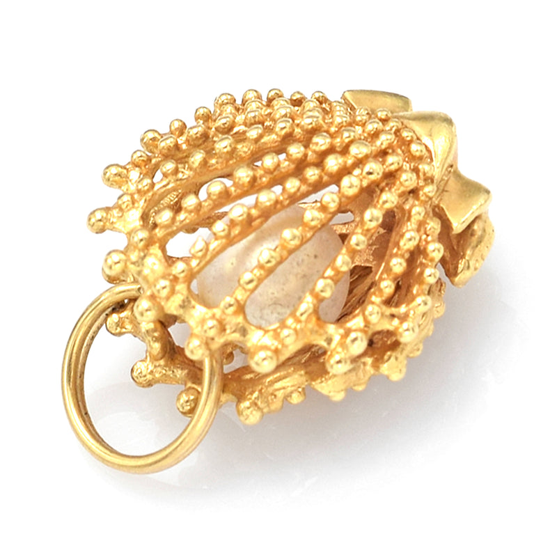 Vintage 14K Yellow Gold Sea Pearl Scallop Shell Cage Charm Pendant