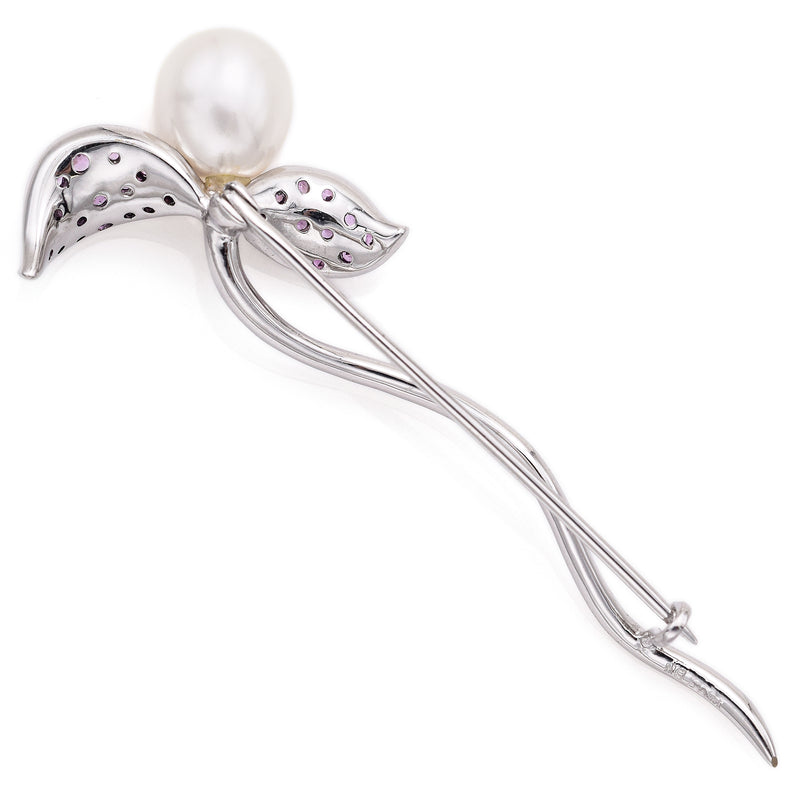 Vintage 14K White Gold Sea Pearl, Pink Sapphire & Diamond Floral Brooch Pin