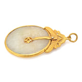 Vintage 24K Yellow Gold Pale Green Jade Large Round Disc Pendant + Pouch