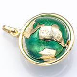 Vintage 9K Yellow Gold Green Enamel Spinning Globe World Charm Pendant 5.5G